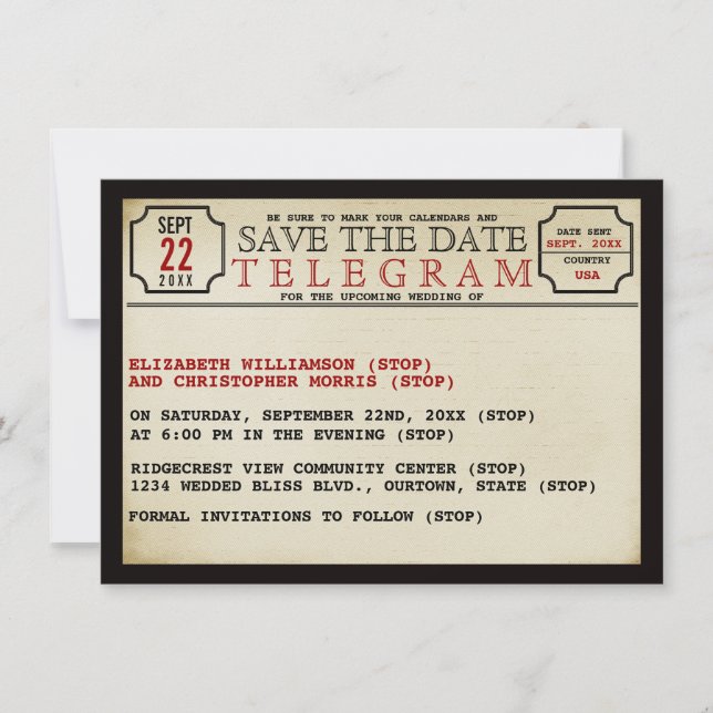Vintage Telegram Style Save The Date (Front)