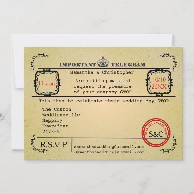 Vintage telegram wedding invitation (Front)