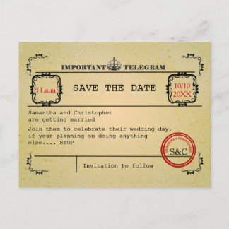 Vintage telegram wedding save the date announcement postcard