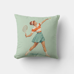 Vintage Tennis Serve Illustration Throw Pillow