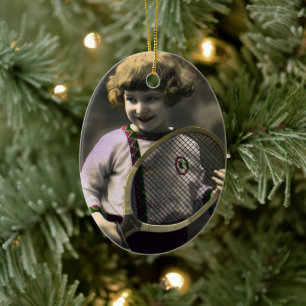 Vintage Tennis Sports, Happy Girl with Racket Ceramic Ornament