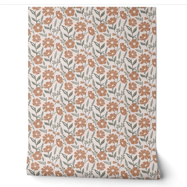 Vintage Terracotta Floral Botanical Pattern Wallpaper (Unrolling)