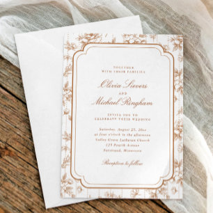 Vintage Terracotta Orange Floral Toile Wedding Invitation