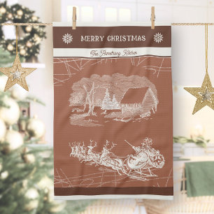 Vintage Terracotta Santa Sleigh Reindeer Christmas Kitchen Towel