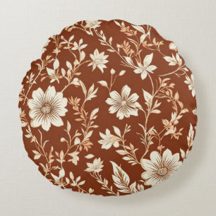 Vintage Terracotta Seamless Boho Floral Pattern  Round Pillow