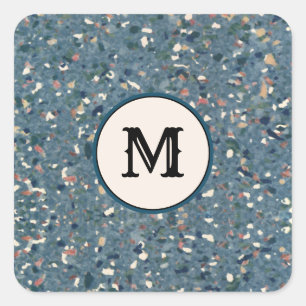 Vintage Terrazzo Retro Pattern - Blue Terra Cotta Square Sticker