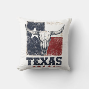 Vintage Texas Longhorn Bull Skull Distressed Flag Throw Pillow