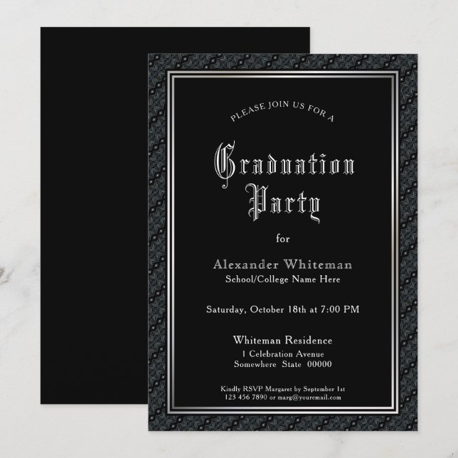 Vintage Text Black Graduation Party Invitation (Front/Back)