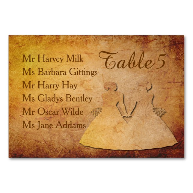 Vintage Texture Lesbian Wedding Table Card (Names) (Back)
