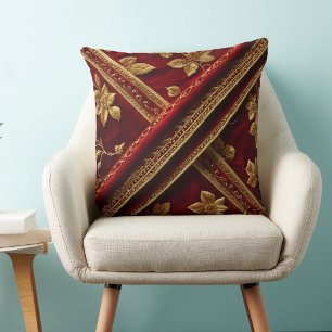 Vintage Textured Embroidery look Red Gold pattern Throw Pillow