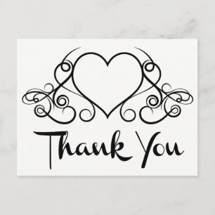 Vintage Thank You Black  White Heart Wedding Postcard