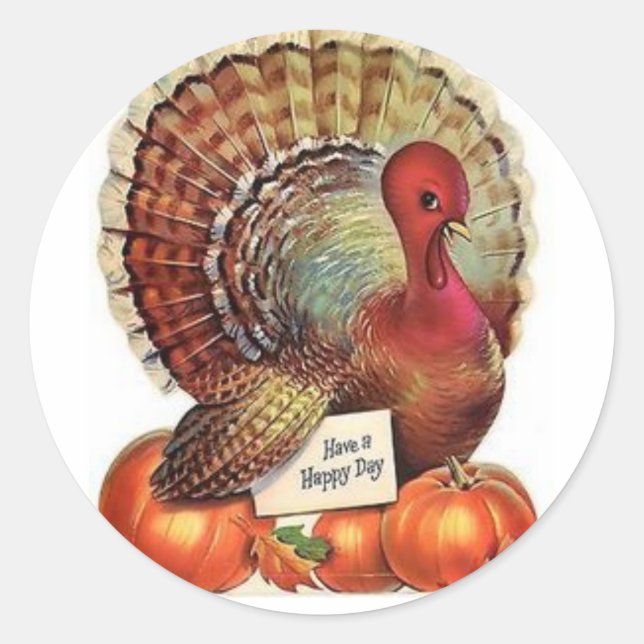 Vintage Thanksgiving Cartoon Turkey Classic Round Sticker (Front)