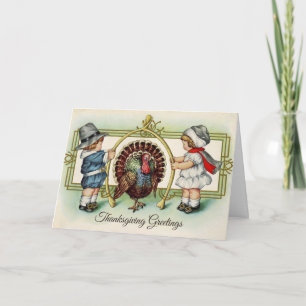 Vintage Thanksgiving Children and Turkey  Card