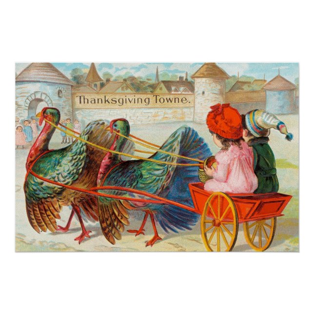 Vintage Thanksgiving Children and Turkeys  Poster (Front)