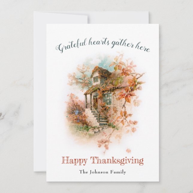 Vintage Thanksgiving Cottage with Greeting Holiday Card (Front)