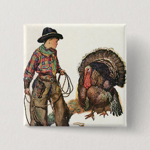 Vintage Thanksgiving, Cowboy Catching a Turkey 2 Inch Square Button