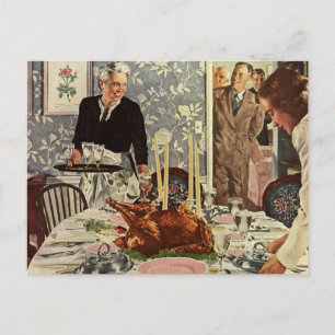 Vintage Thanksgiving Day Turkey Dinner with Family Holiday Postcard