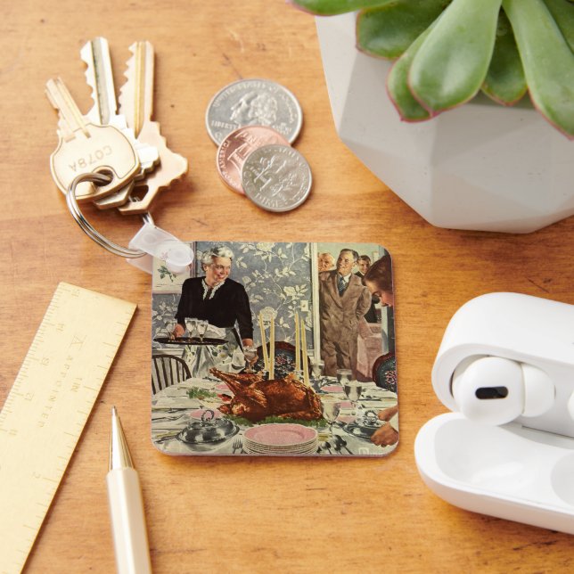Vintage Thanksgiving Day Turkey Dinner with Family Keychain (Desk)