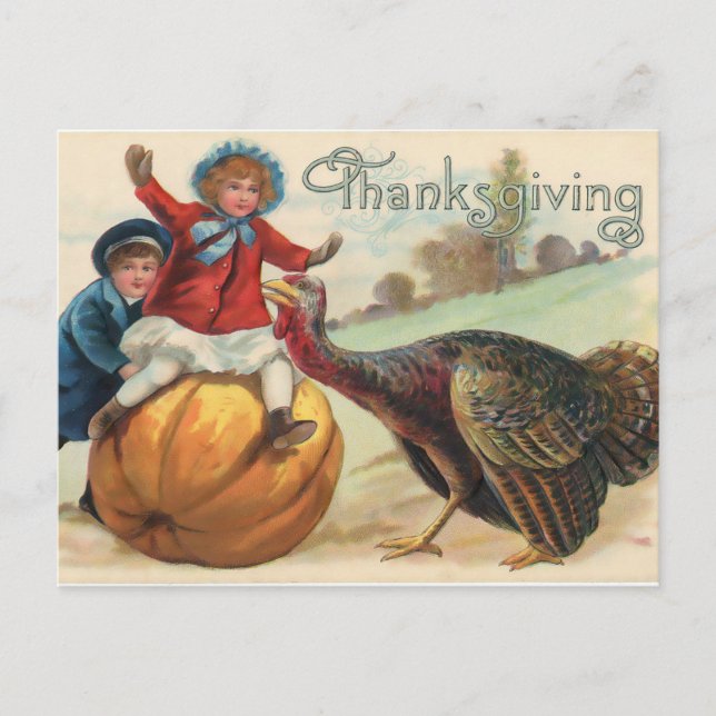 Vintage Thanksgiving Girl on Pumpkin and Turkey Postcard (Front)