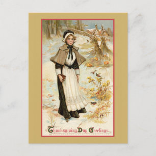 Vintage Thanksgiving Greetings Pilgrim Woman Postcard
