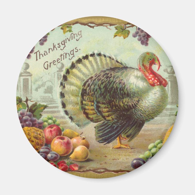Vintage Thanksgiving Greetings Round Magnet (Front)