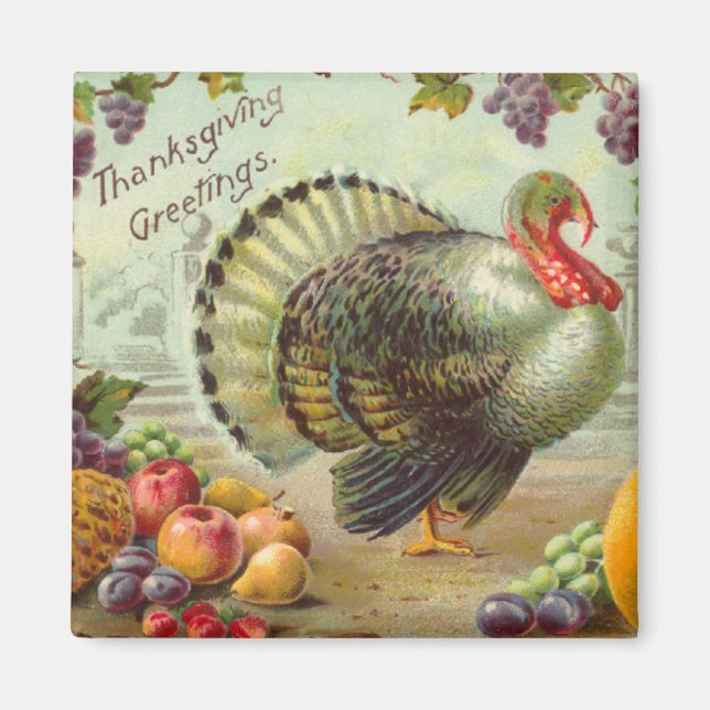 Vintage Thanksgiving Greetings Square Magnet (Front)