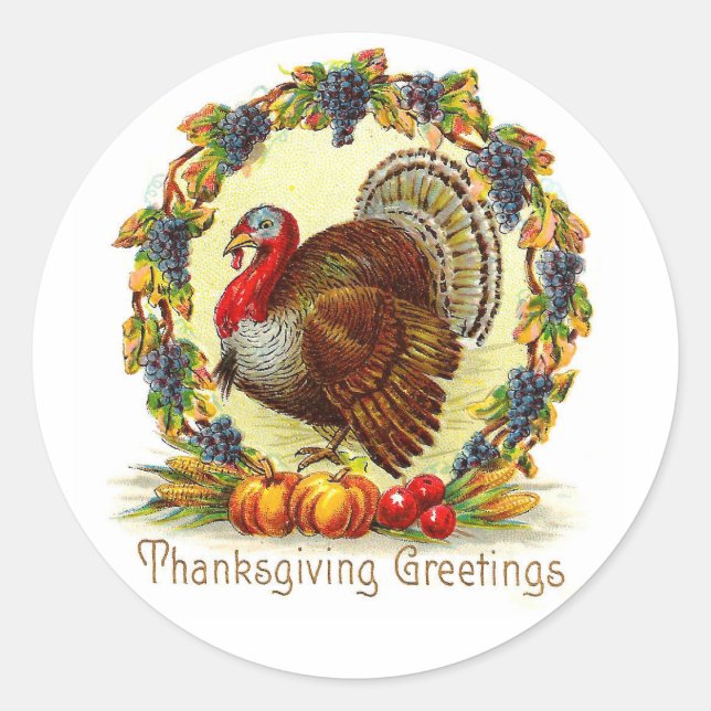 Vintage Thanksgiving Greetings Turkey Classic Round Sticker (Front)