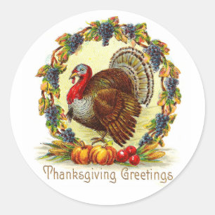 Vintage Thanksgiving Greetings Turkey Classic Round Sticker