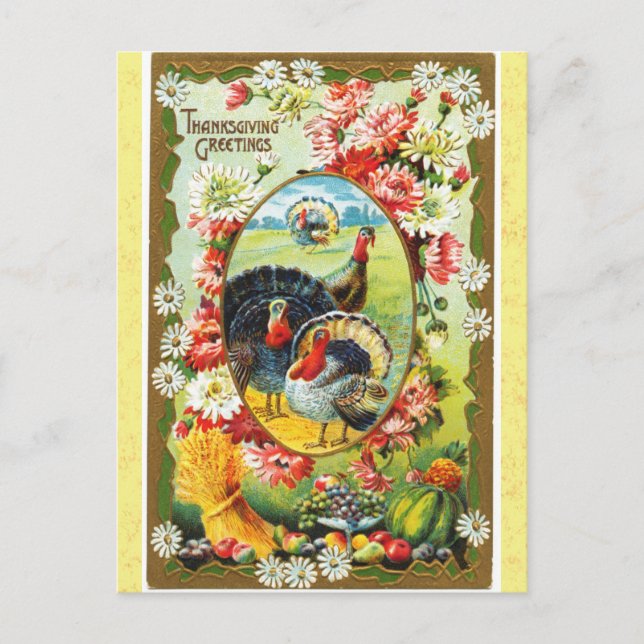 Vintage Thanksgiving Greetings Turkey Floral Postcard (Front)
