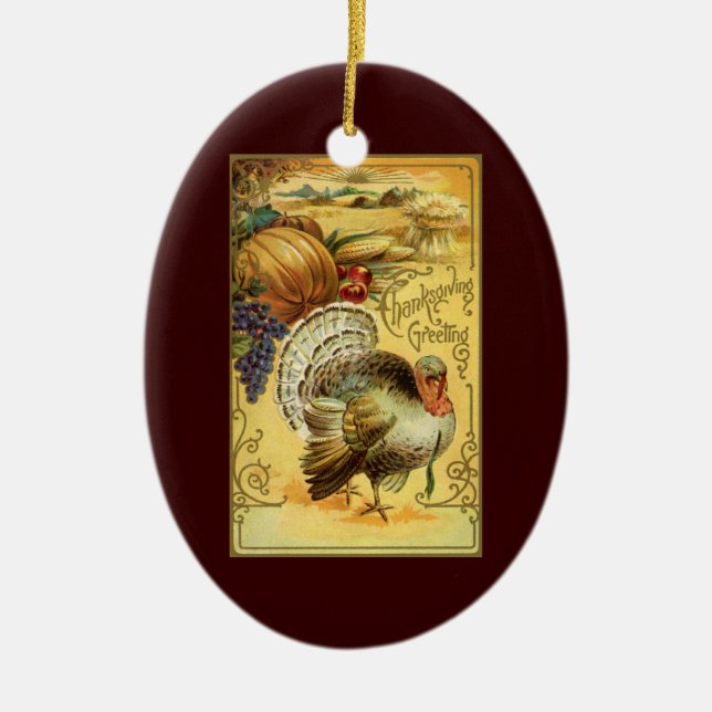 Vintage Thanksgiving Greetings with Turkey Ceramic Ornament (Front)