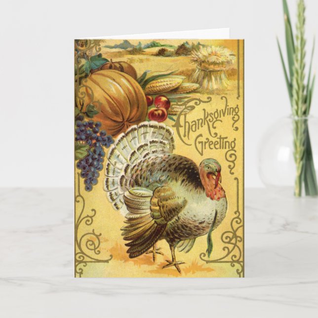 Vintage Thanksgiving Greetings with Turkey Holiday Card (Front)