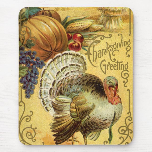 Vintage Thanksgiving Greetings with Turkey Mouse Pad (Front)