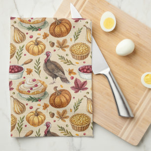 Vintage Thanksgiving Harvest Pattern Rustic Fall Kitchen Towel
