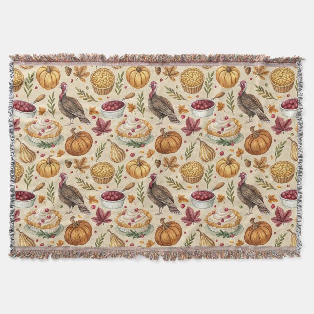 Vintage Thanksgiving Harvest Pattern | Rustic Fall Throw Blanket (Front)