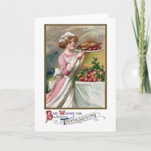 Vintage Thanksgiving Hostess with Roast Turkey Holiday Card