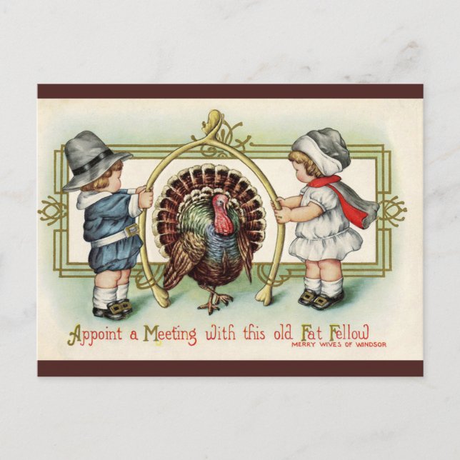 Vintage Thanksgiving Kids Turkey Wishbone Postcard (Front)