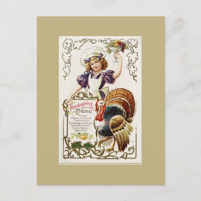 Vintage Thanksgiving Menu and Girl Postcard (Front)