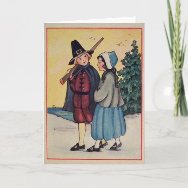 Vintage Thanksgiving Pilgrims Holiday Card (Front)