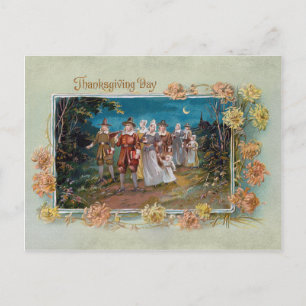 Vintage Thanksgiving Pilgrims in Moonlight Holiday Postcard