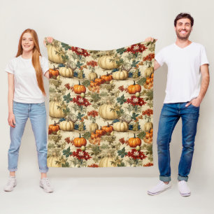 Vintage Thanksgiving Pumpkin Floral Harvest Fleece Blanket