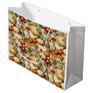 Vintage Thanksgiving Pumpkin Floral Harvest Large Gift Bag