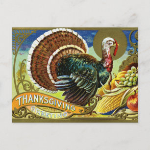 Vintage Thanksgiving Turkey and Fall Harvest  Holiday Postcard