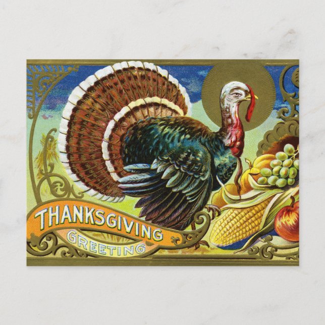 Vintage Thanksgiving Turkey and Fall Harvest  Holiday Postcard (Front)