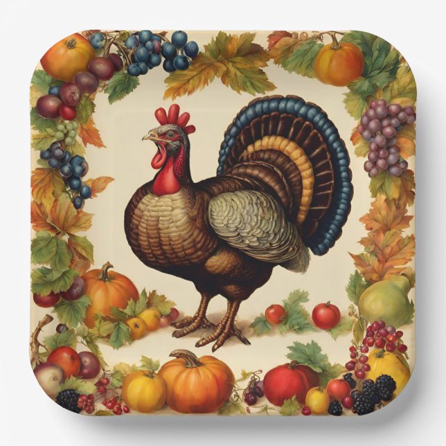 Vintage Thanksgiving Turkey and Fruit Harvest Paper Plate (Front)