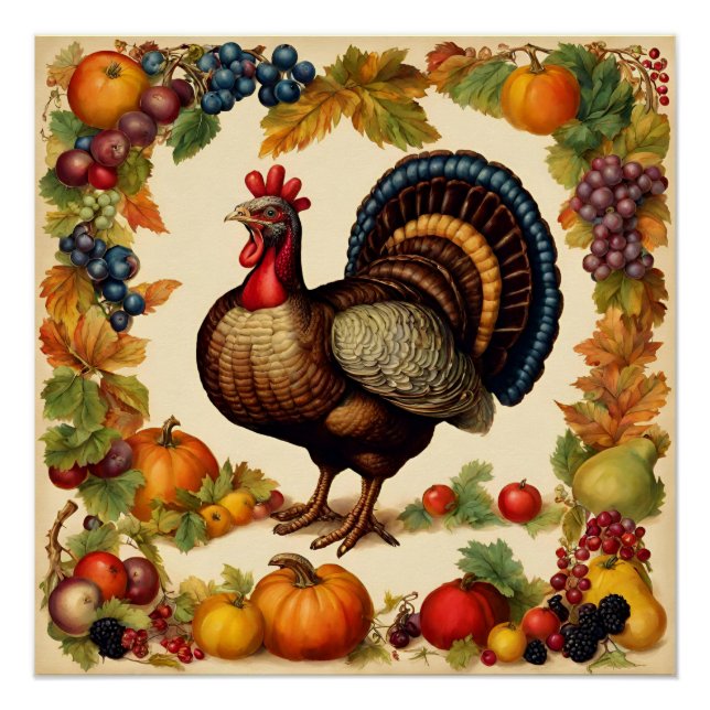 Vintage Thanksgiving Turkey and Fruit Harvest Poster (Front)