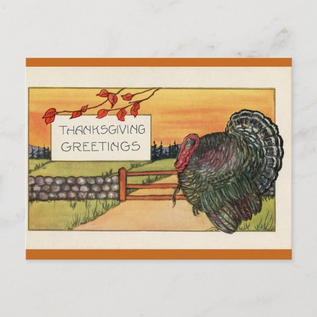 Vintage Thanksgiving Turkey and Gate Greetings Postcard (Front)