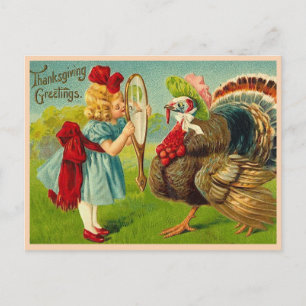 Vintage Thanksgiving Turkey and Girl Holiday Postcard