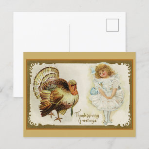 Vintage Thanksgiving Turkey and Little Girl Holiday Postcard