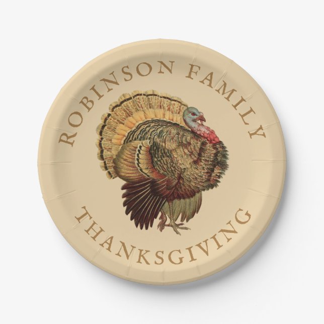 Vintage Thanksgiving Turkey Custom Family Name Paper Plate (Front)