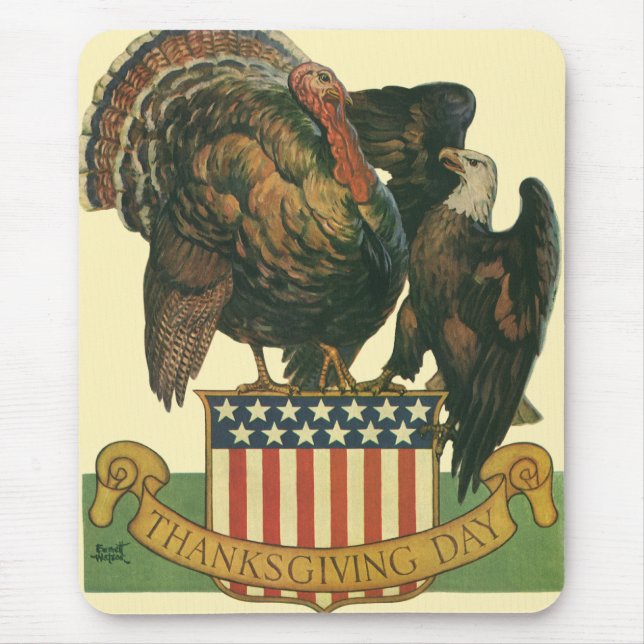 Vintage Thanksgiving Turkey, Eagle, Amercan Flag Mouse Pad (Front)